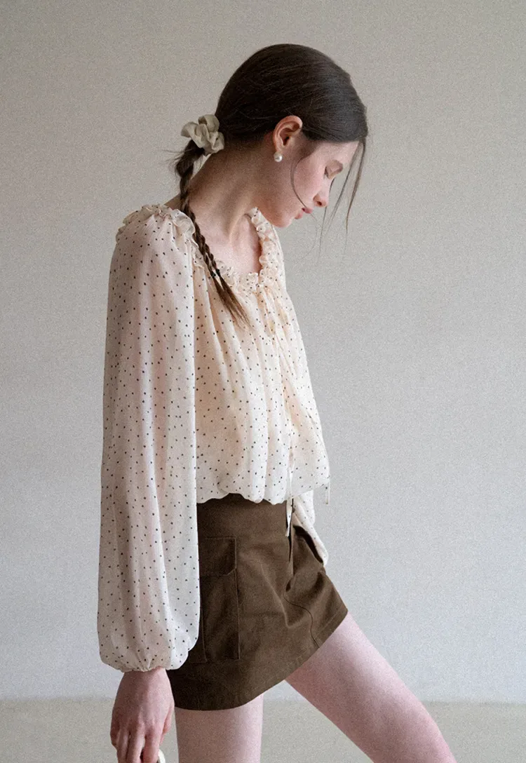 Polka Dot Ruffled Off Shoulder Chiffon Blouse