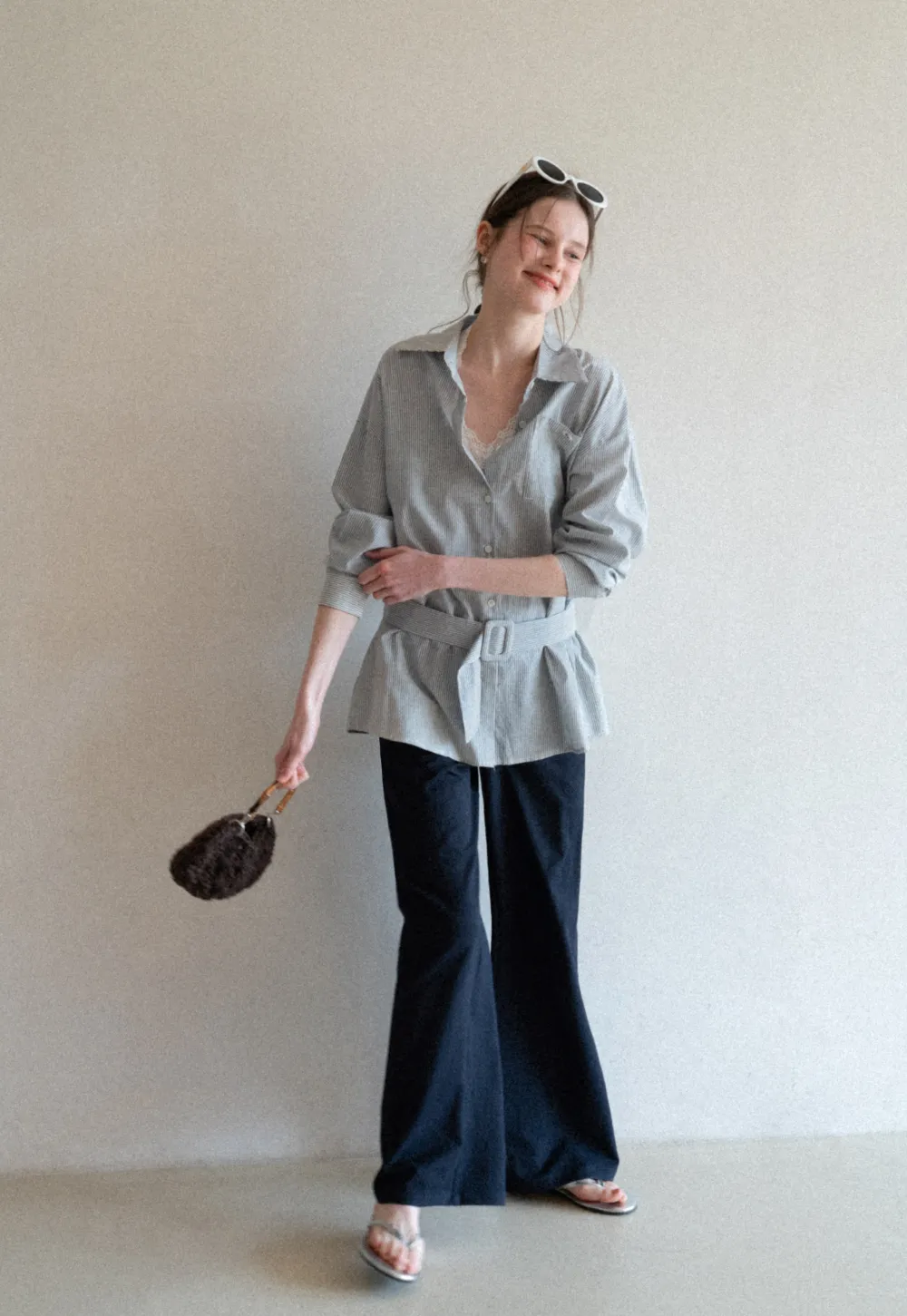 Striped Shirt with Belt and Lace Trim Tank Top