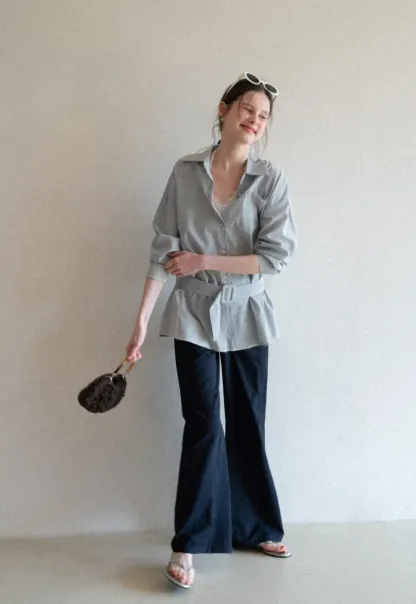 Striped Shirt with Belt and Lace Trim Tank Top