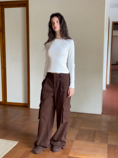 Women Brown Wide-Leg Cargo Pants with Pockets