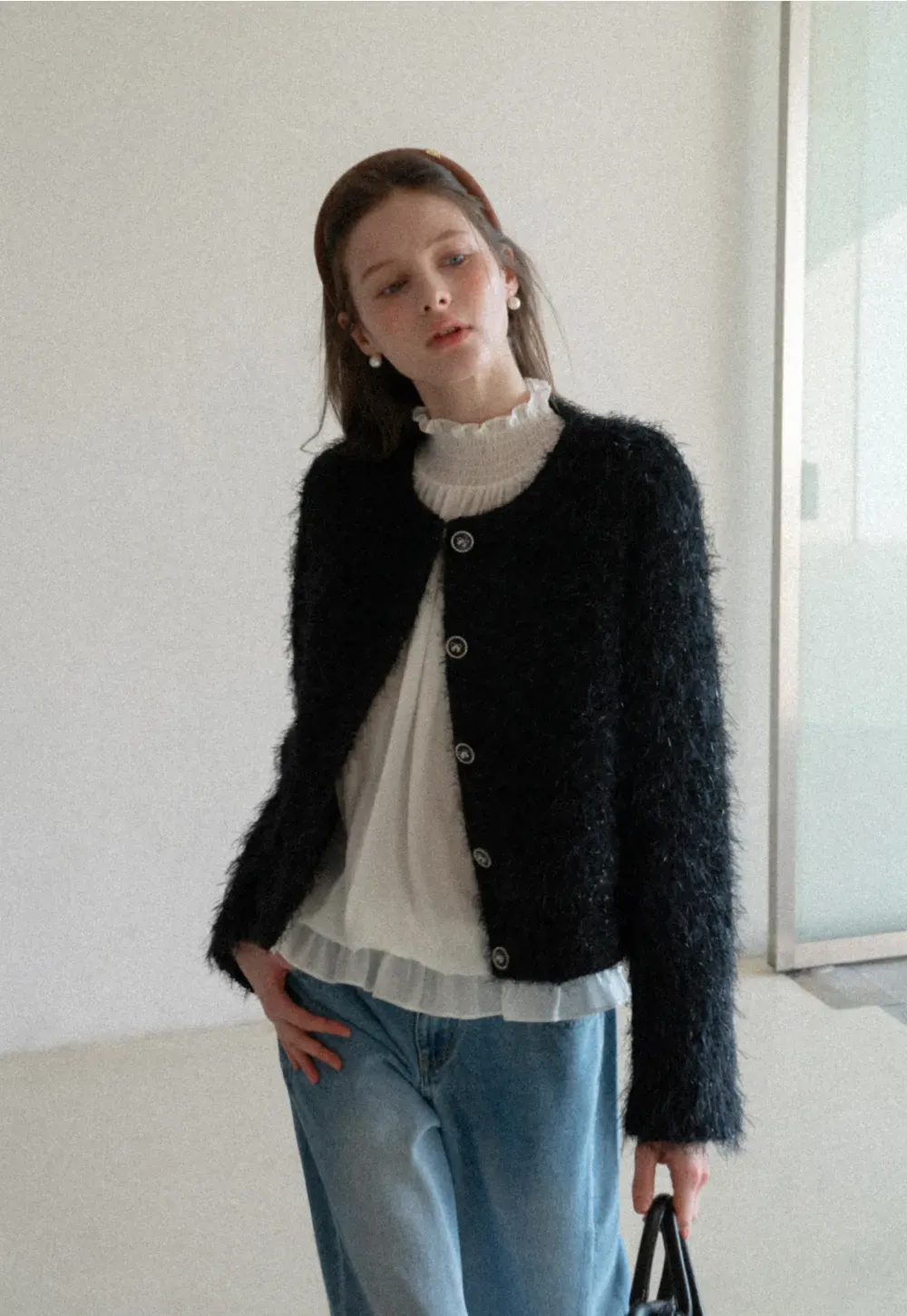 Elegant High Neck Blouse with Ruffled Cuffs and Hem