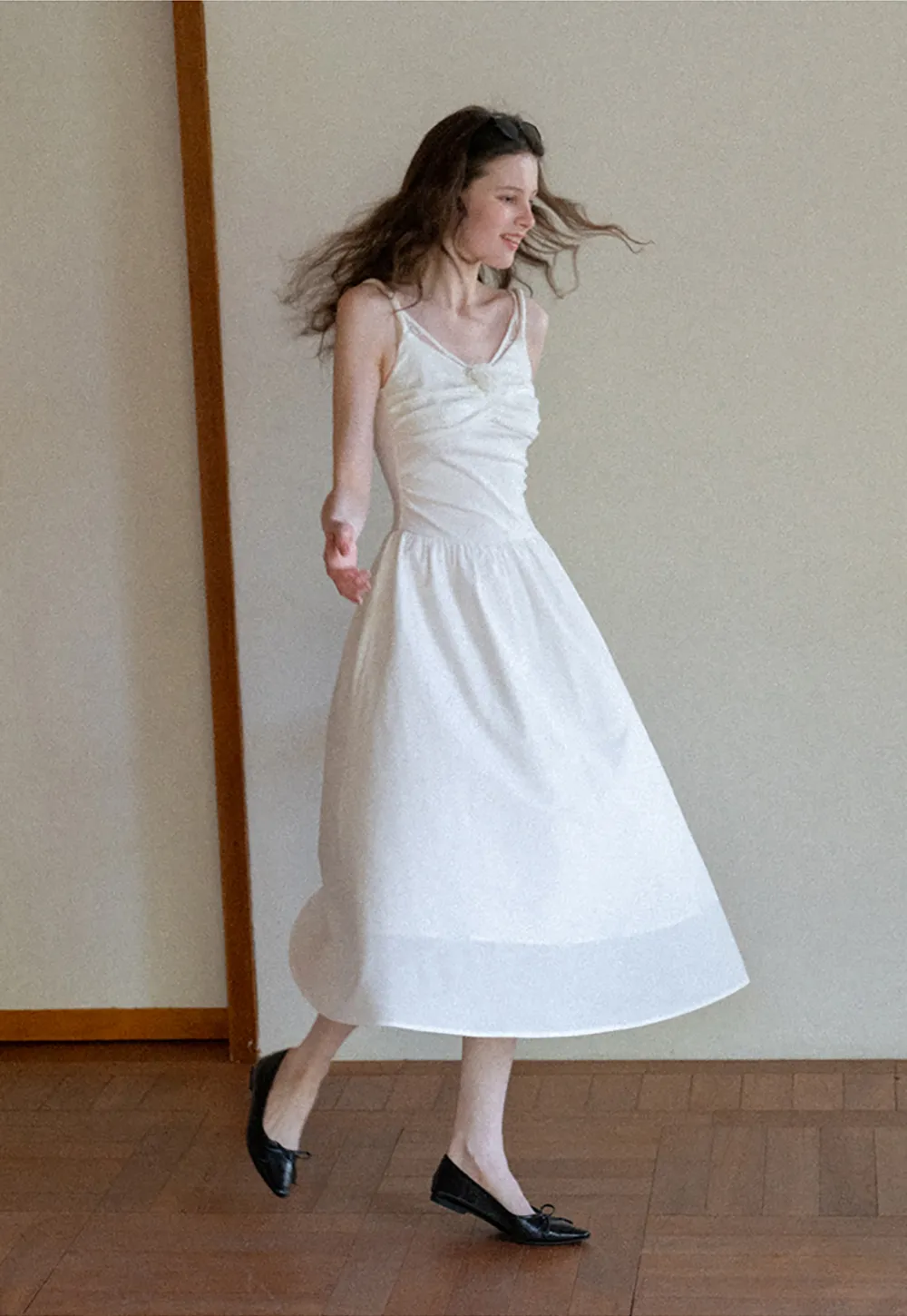 Sleeveless V Neck Midi Dress with Ruched Bodice