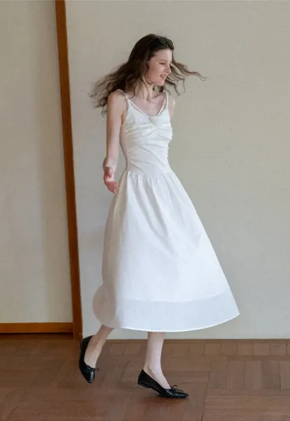 Sleeveless V Neck Midi Dress with Ruched Bodice