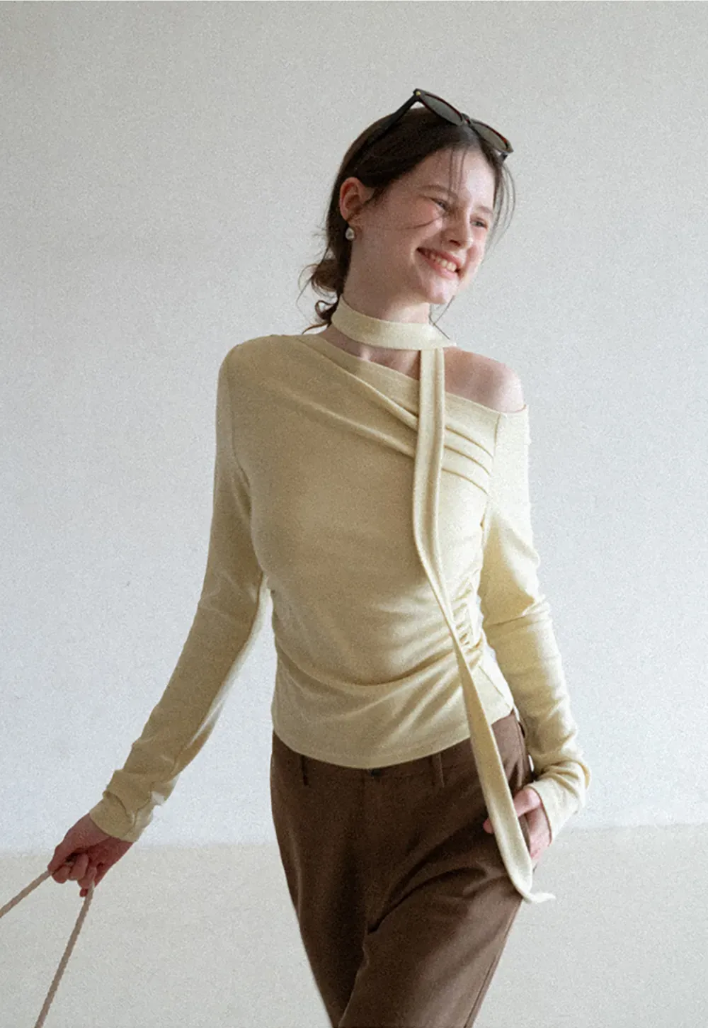 Long sleeve off shoulder top with neck tie detail