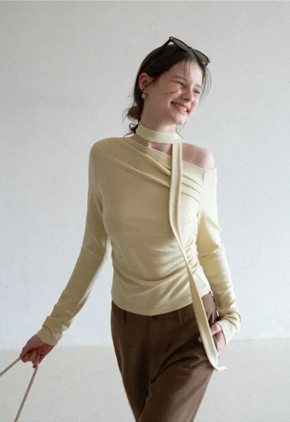 Long sleeve off shoulder top with neck tie detail
