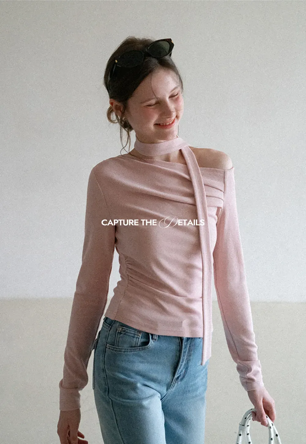 Long sleeve off shoulder top with neck tie detail