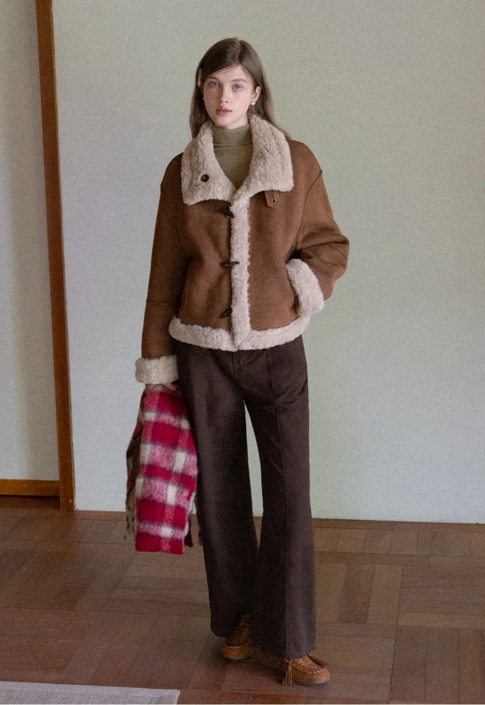 Dual-Wear Suede Patchwork Coat with Soft Teddy Fleece Lining