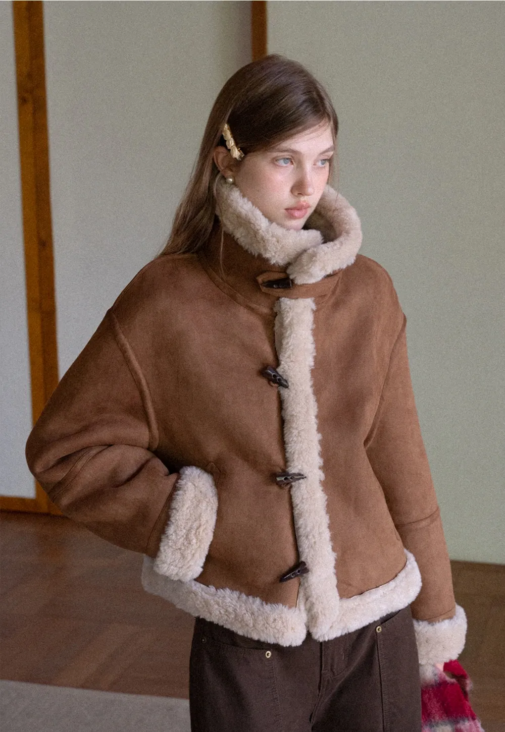 Dual-Wear Suede Patchwork Coat with Soft Teddy Fleece Lining