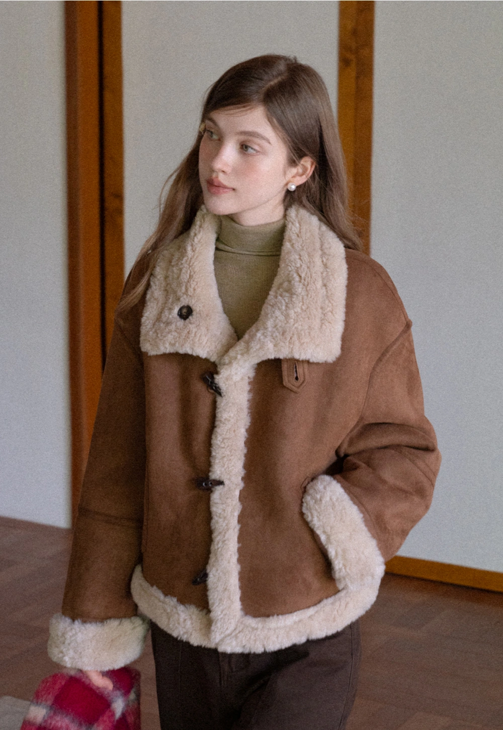 Dual-Wear Suede Patchwork Coat with Soft Teddy Fleece Lining