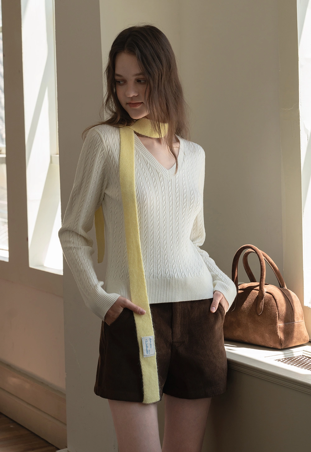 Womens V-Neck Cable Knit Sweater