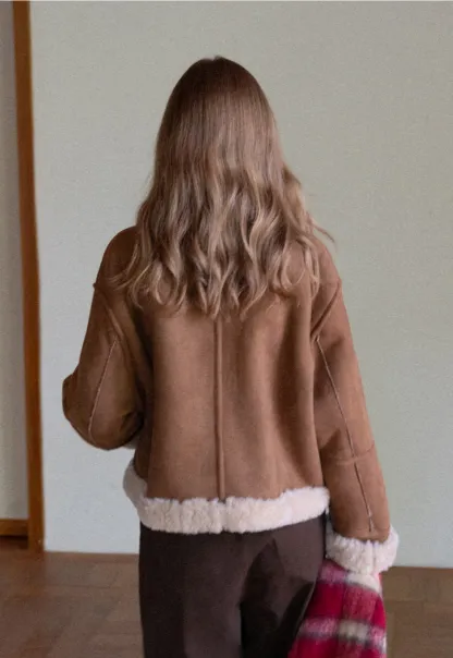 Dual-Wear Suede Patchwork Coat with Soft Teddy Fleece Lining