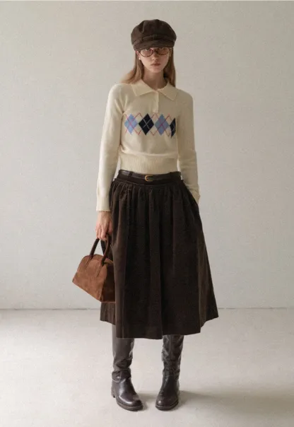 Vintage High Waist Pleated Corduroy Skirt