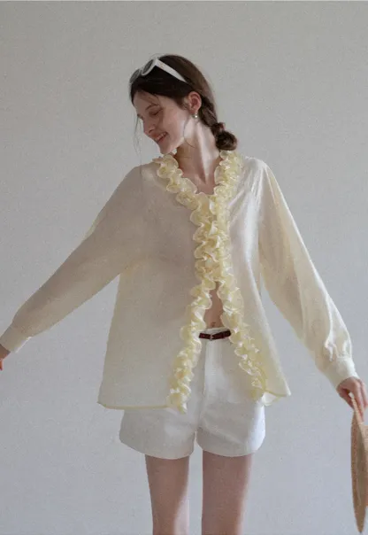 Women’s Ruffle Front Long Sleeve Blouse
