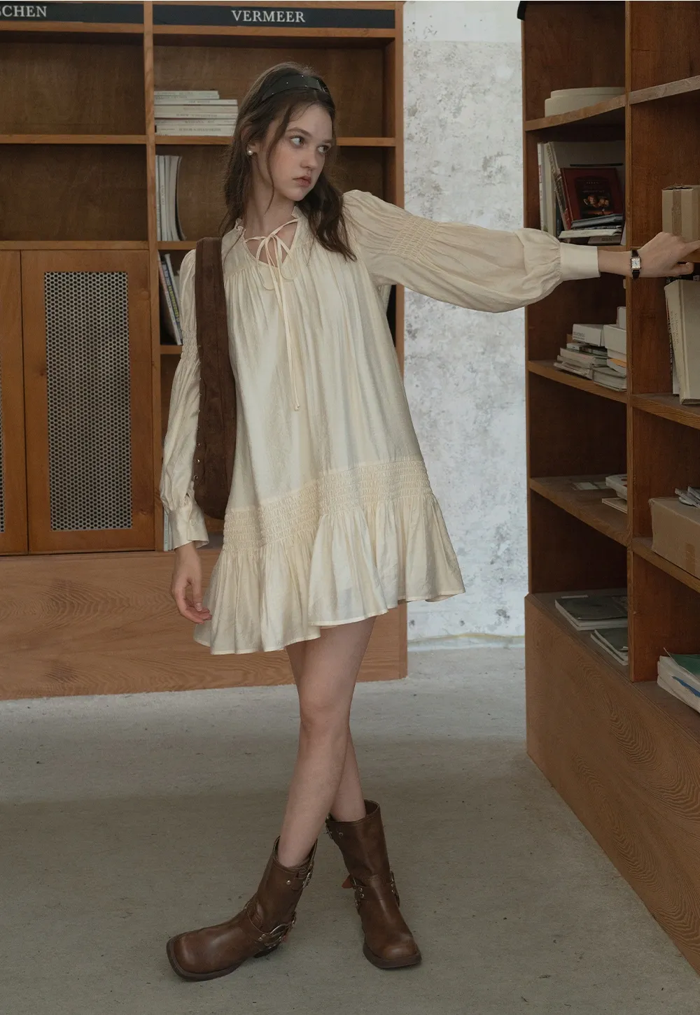 Vintage Loose Fit Ruffle Hem Mini Dress