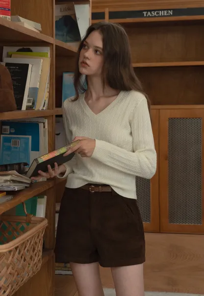 Womens V-Neck Cable Knit Sweater