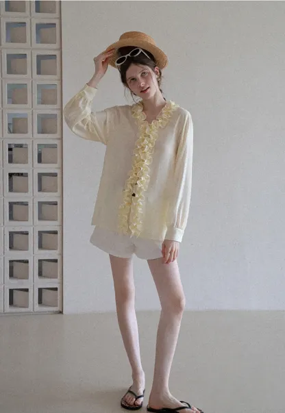 Women’s Ruffle Front Long Sleeve Blouse