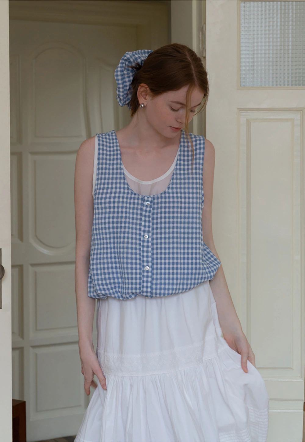 Women's Gingham Sleeveless Button Front Blouse Summer Tank Top