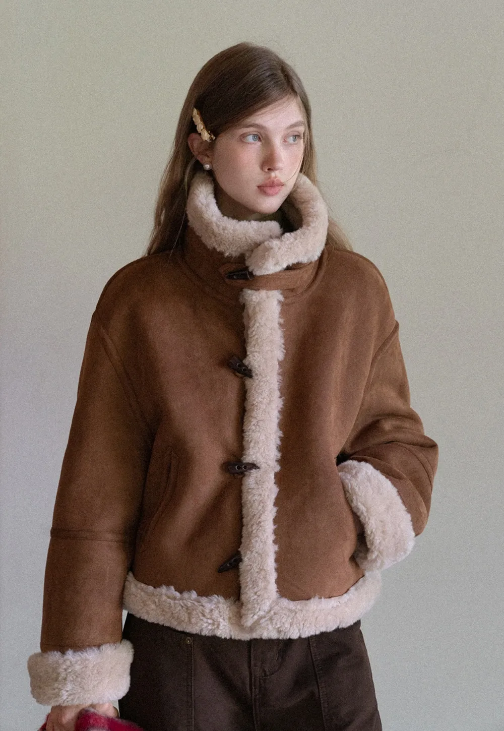 Dual-Wear Suede Patchwork Coat with Soft Teddy Fleece Lining