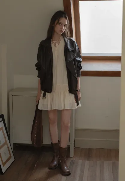 Vintage Loose Fit Ruffle Hem Mini Dress