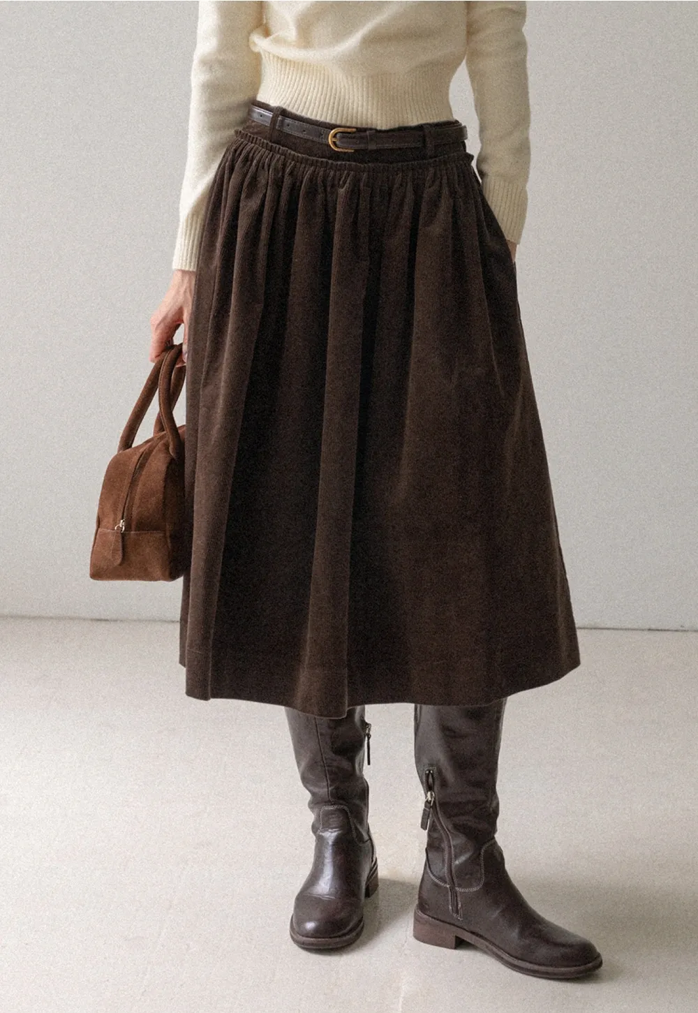 Vintage High Waist Pleated Corduroy Skirt