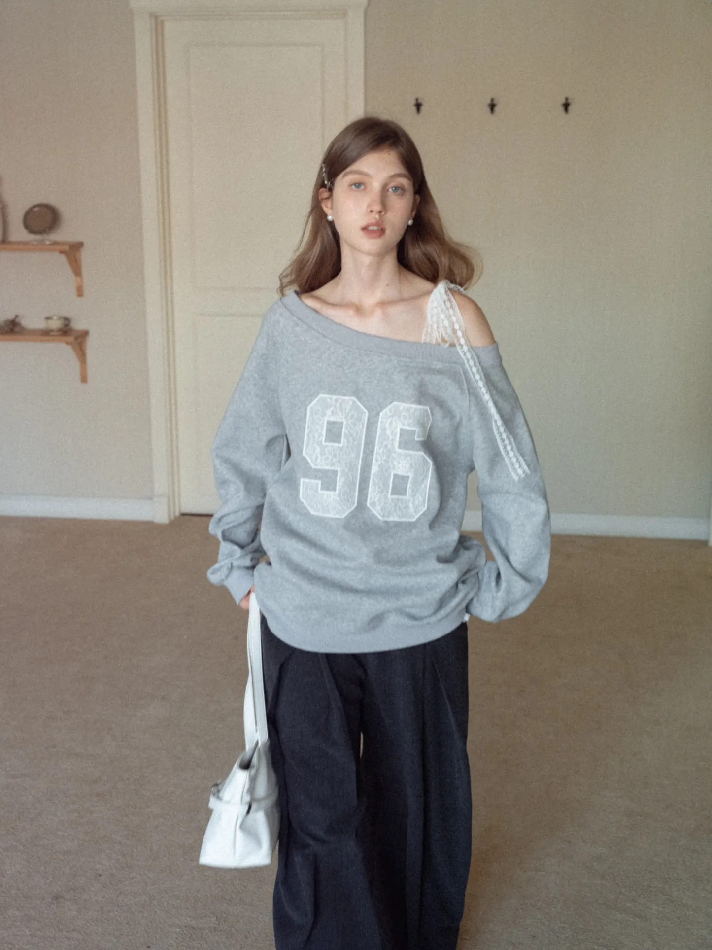 Women's Lace Off Shoulder Graphic Sweatshirt