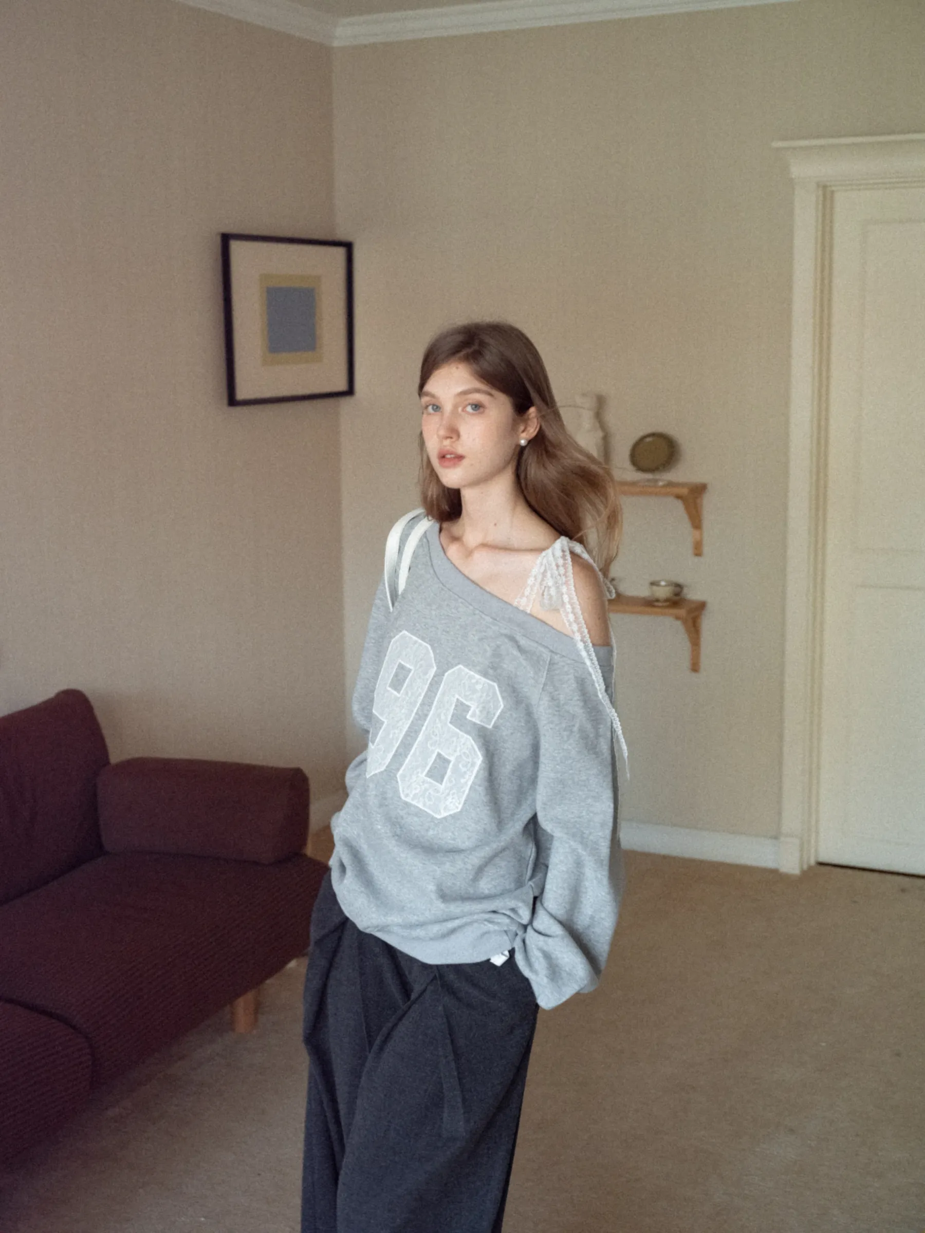 Women's Lace Off Shoulder Graphic Sweatshirt