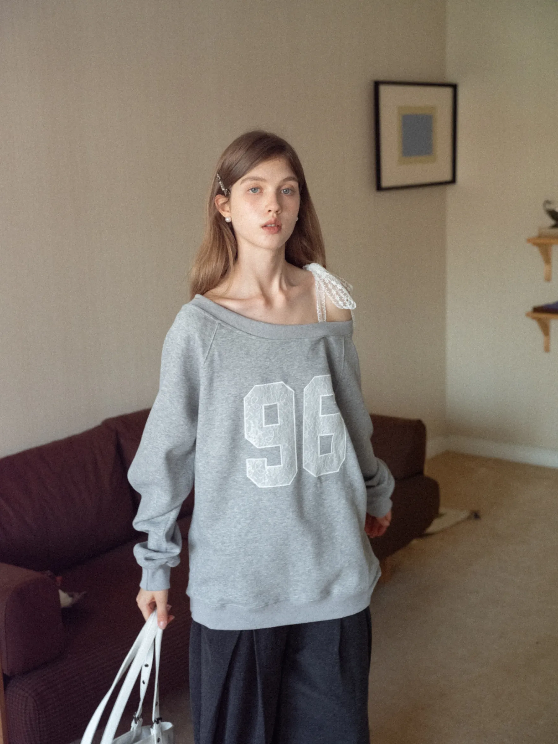 Women's Lace Off Shoulder Graphic Sweatshirt