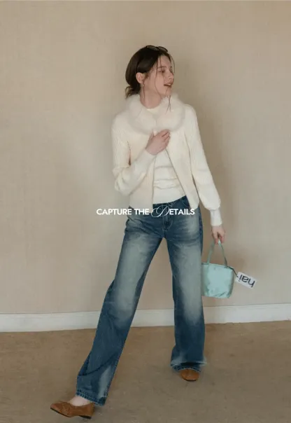 Wide leg high waist denim jeans with faded wash design