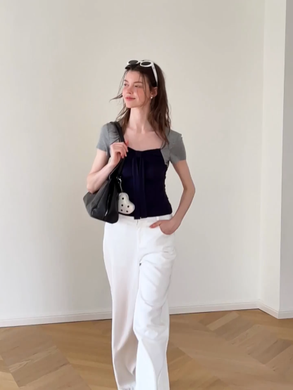 Square Neck Tie Front Short Sleeve Top