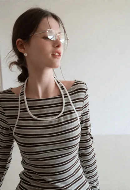 Long sleeve striped top with halter neck detail