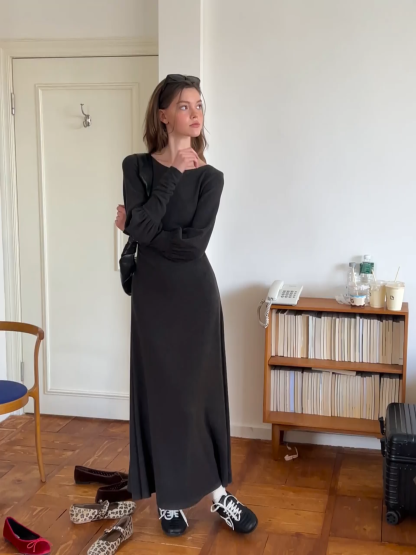 Women Long Sleeve Maxi Dress in Dark Gray