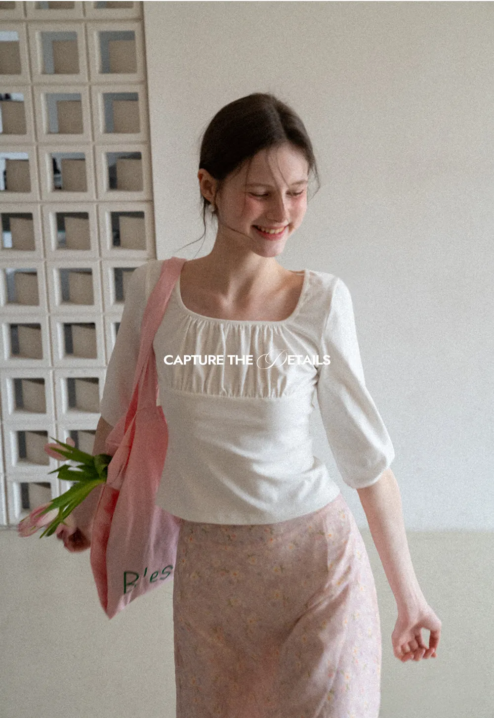 Square neck short sleeve top with gathered detail