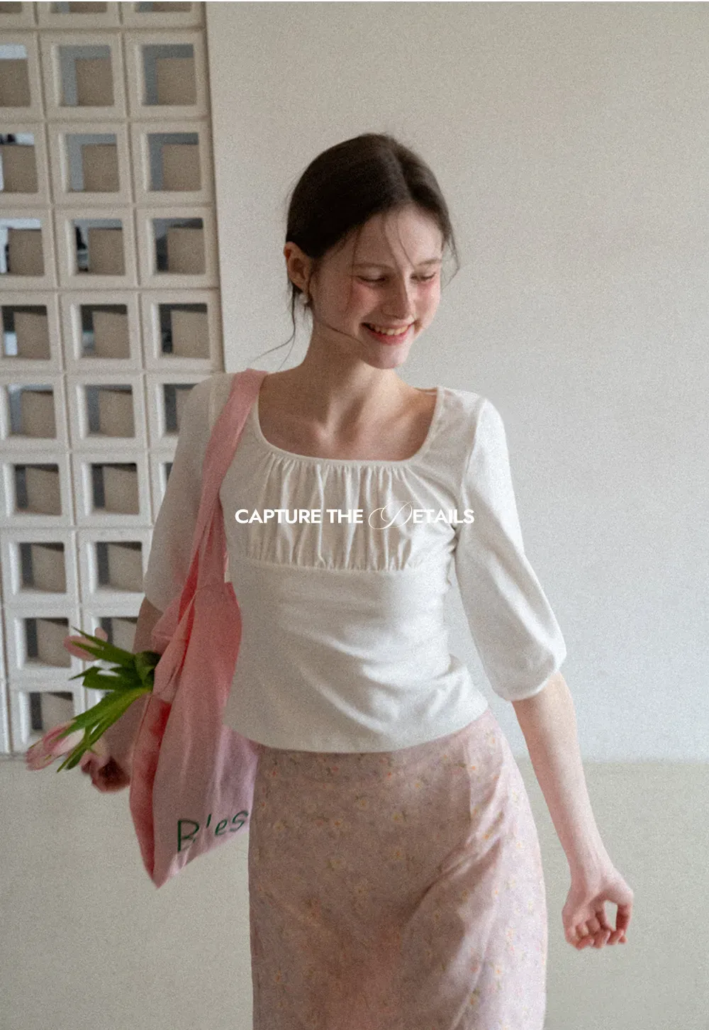 Square neck short sleeve top with gathered detail