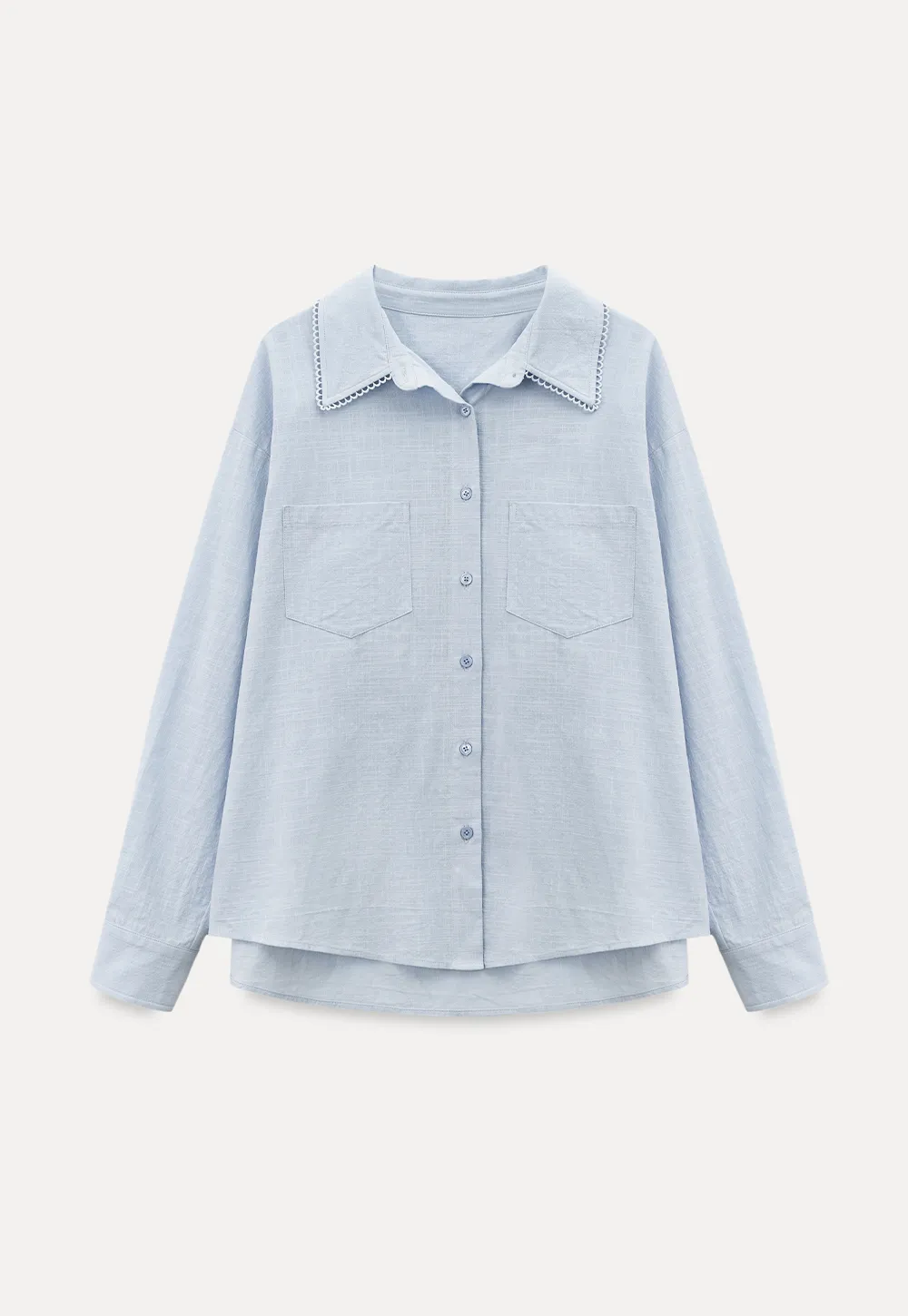 Lightweight long sleeve button front shirt with lace trim