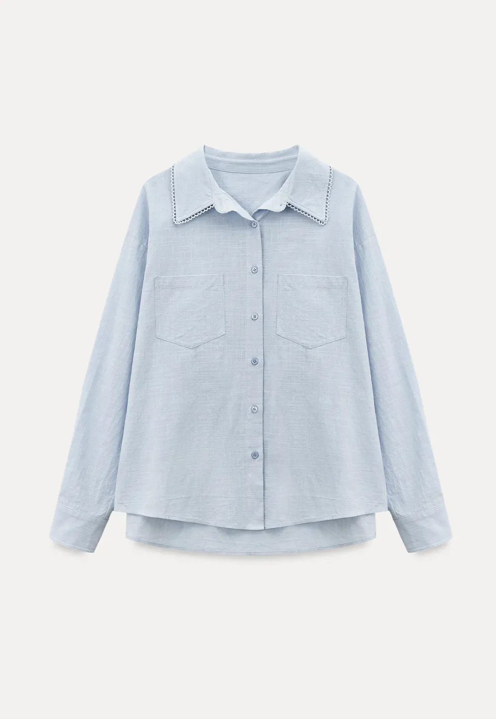 Lightweight long sleeve button front shirt with lace trim