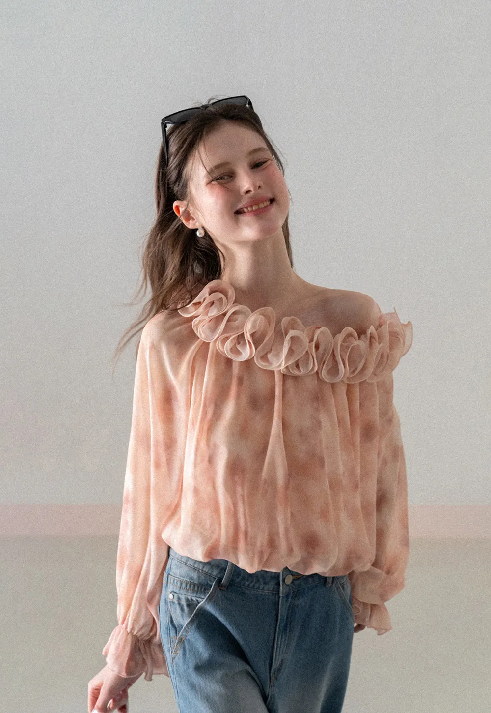 Off Shoulder Ruffled Lace Chiffon Blouse