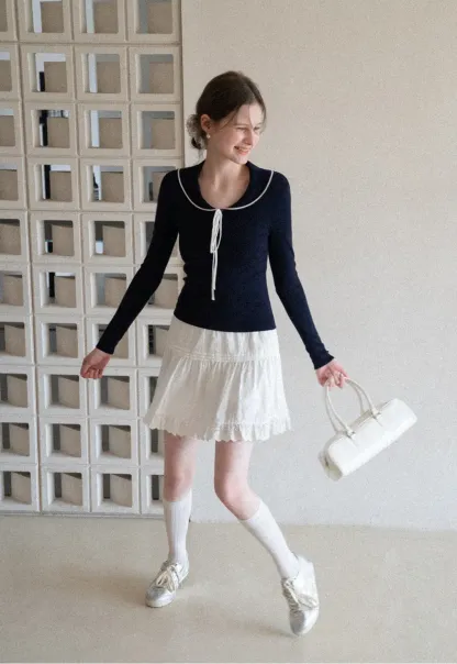 Knit Sweater with Collar and Tie Detail