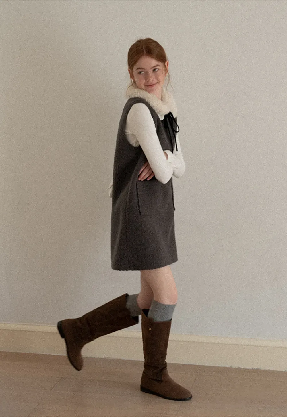 Wool Blend Sleeveless Dress with Faux Fur Collar