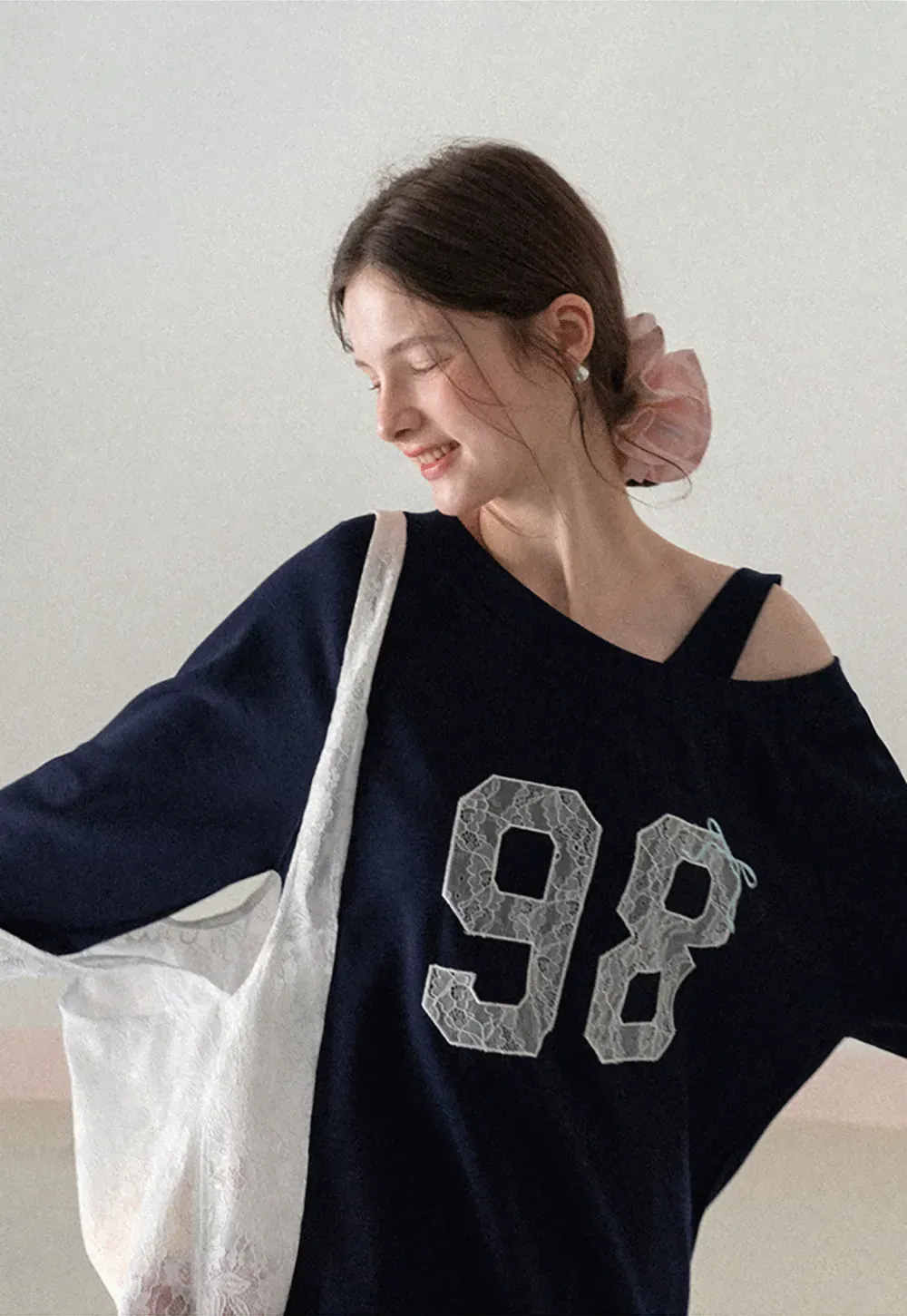 Off Shoulder Sweatshirt with Lace Number Print