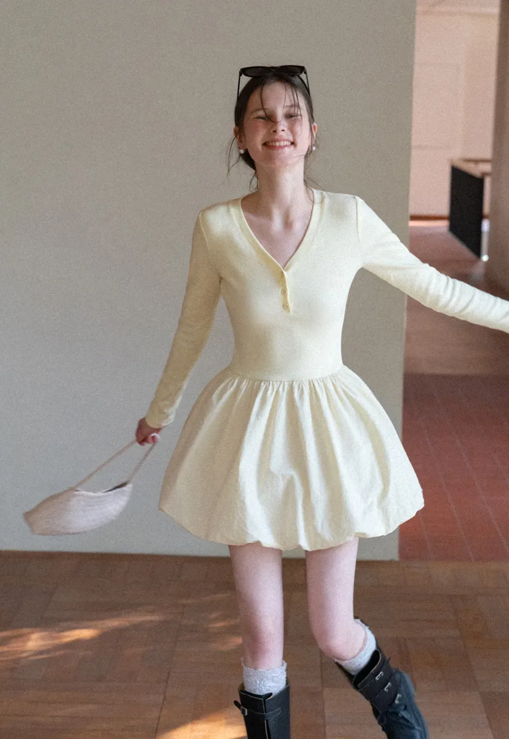 V neck long sleeve dress with flared skirt