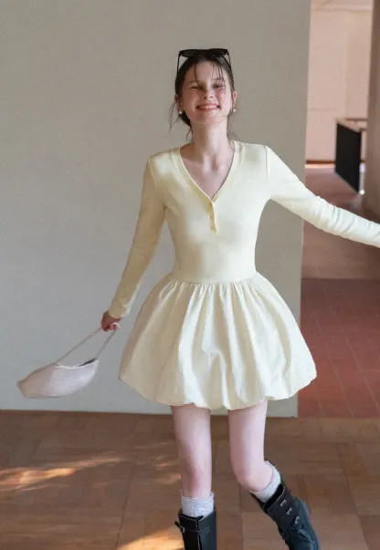 V neck long sleeve dress with flared skirt