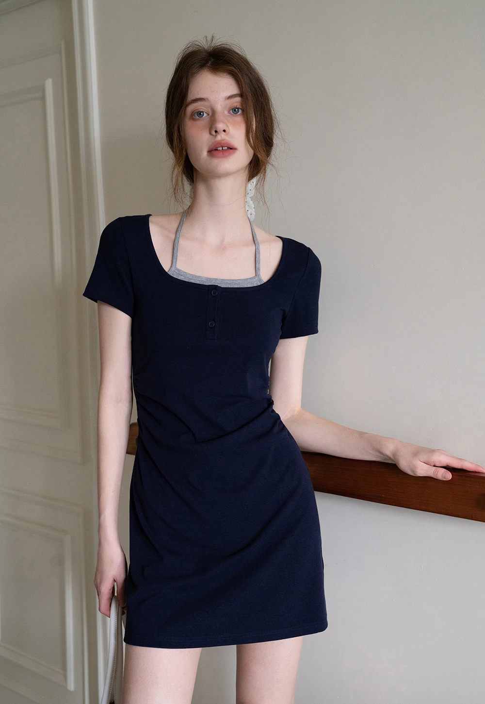 Women's Square Neck Halter Mini Dress with Ruched Waist