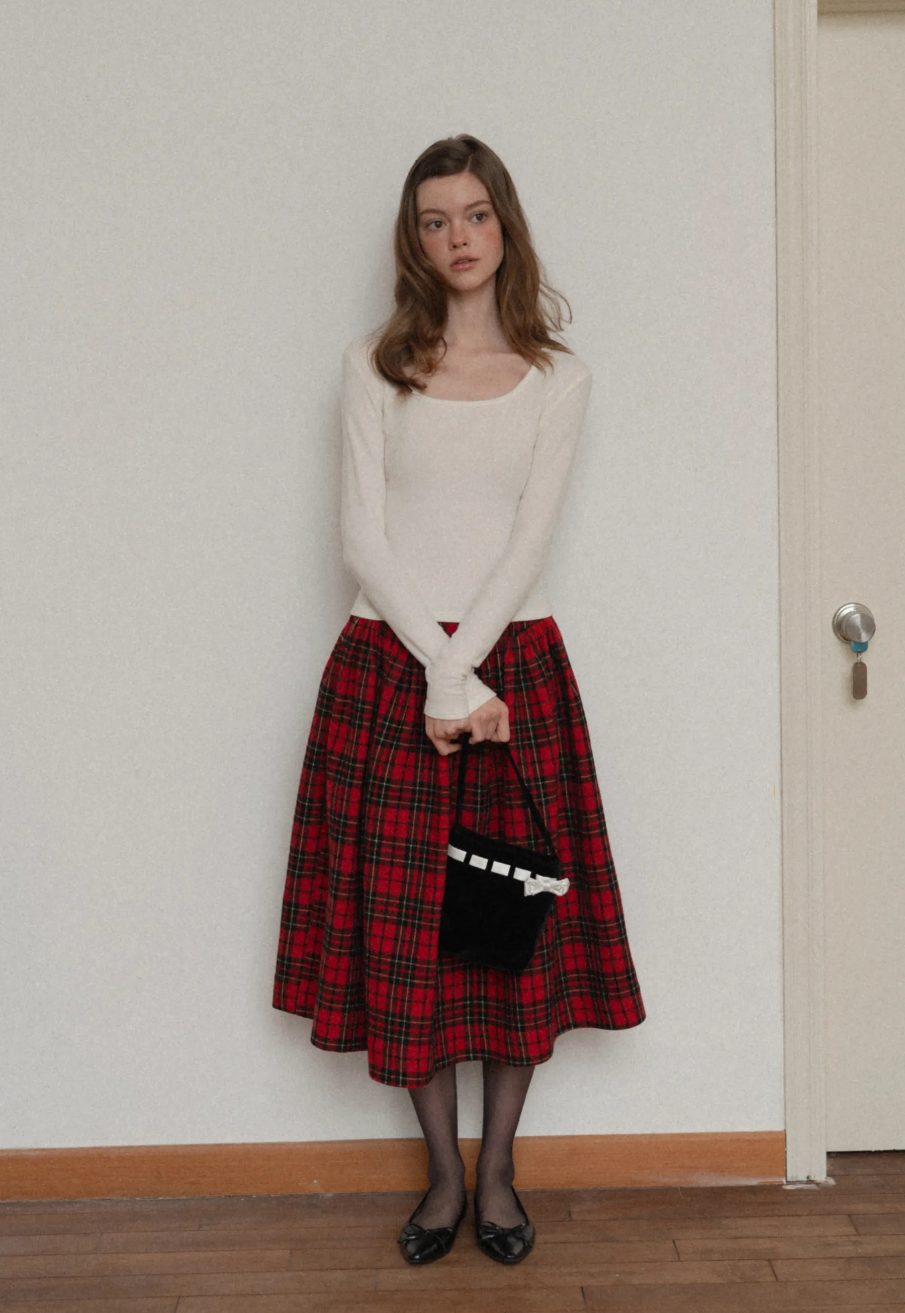 Plaid Midi Skirt with Elastic Waist for Women