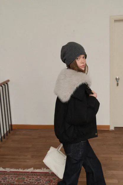 Women Fuzzy Collar Suede Jacket Warm Outerwear