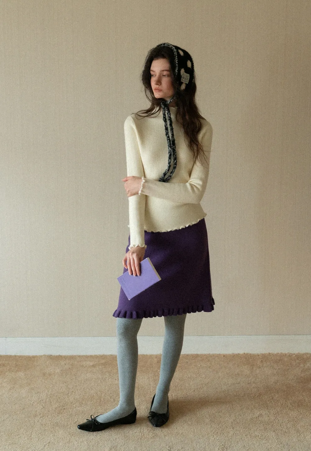 Women Basic Ribbed Sweater with Ruffled Edges