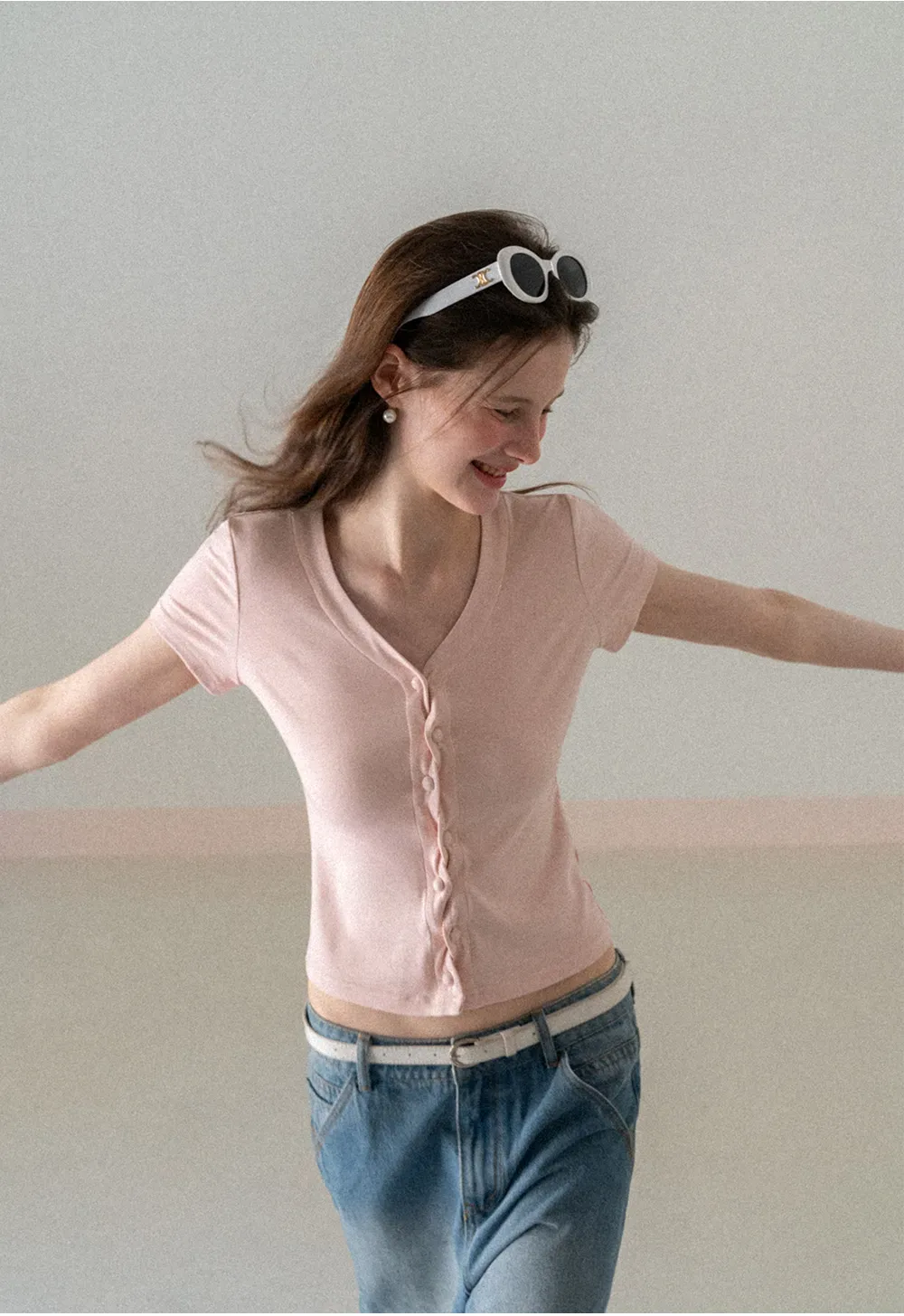 V neck short sleeve button front top