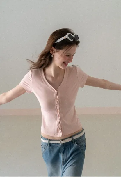 V neck short sleeve button front top