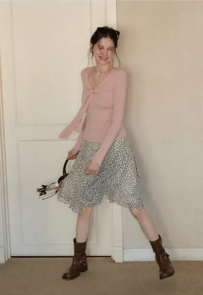 Elegant V Neck Long Sleeve Top with Bow Detail