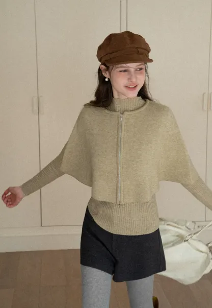 Zipper Front Knit Sweater with Wide Sleeves