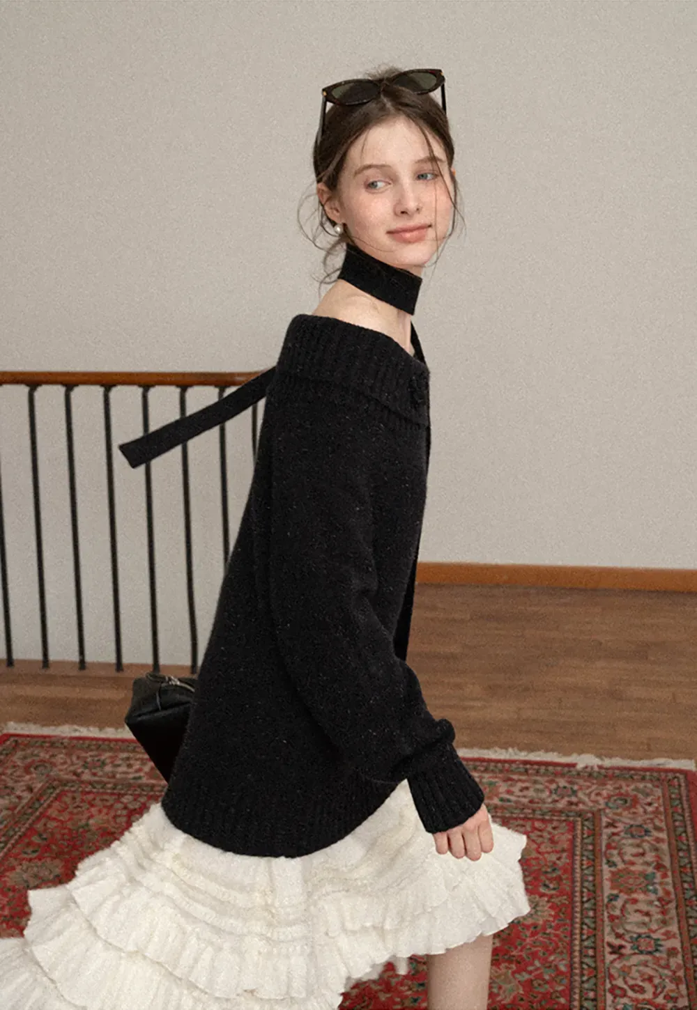 Elegant High Neck Knit Sweater with Tie Detail